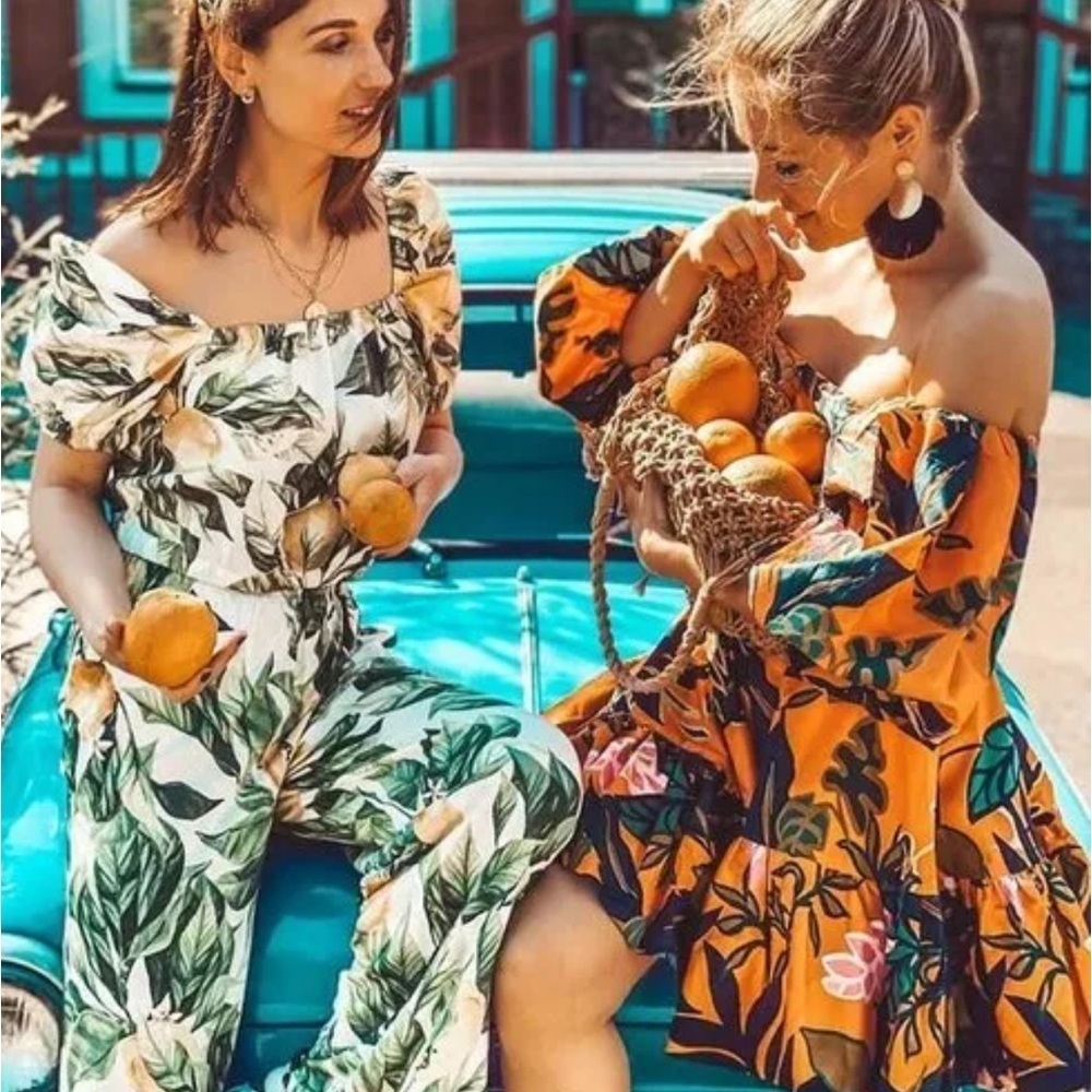 RARE SKIRT SET BLOGGER FAVORITE H&M Orange flare puff sleeve tropical crop XS M - Picture 5 of 7
